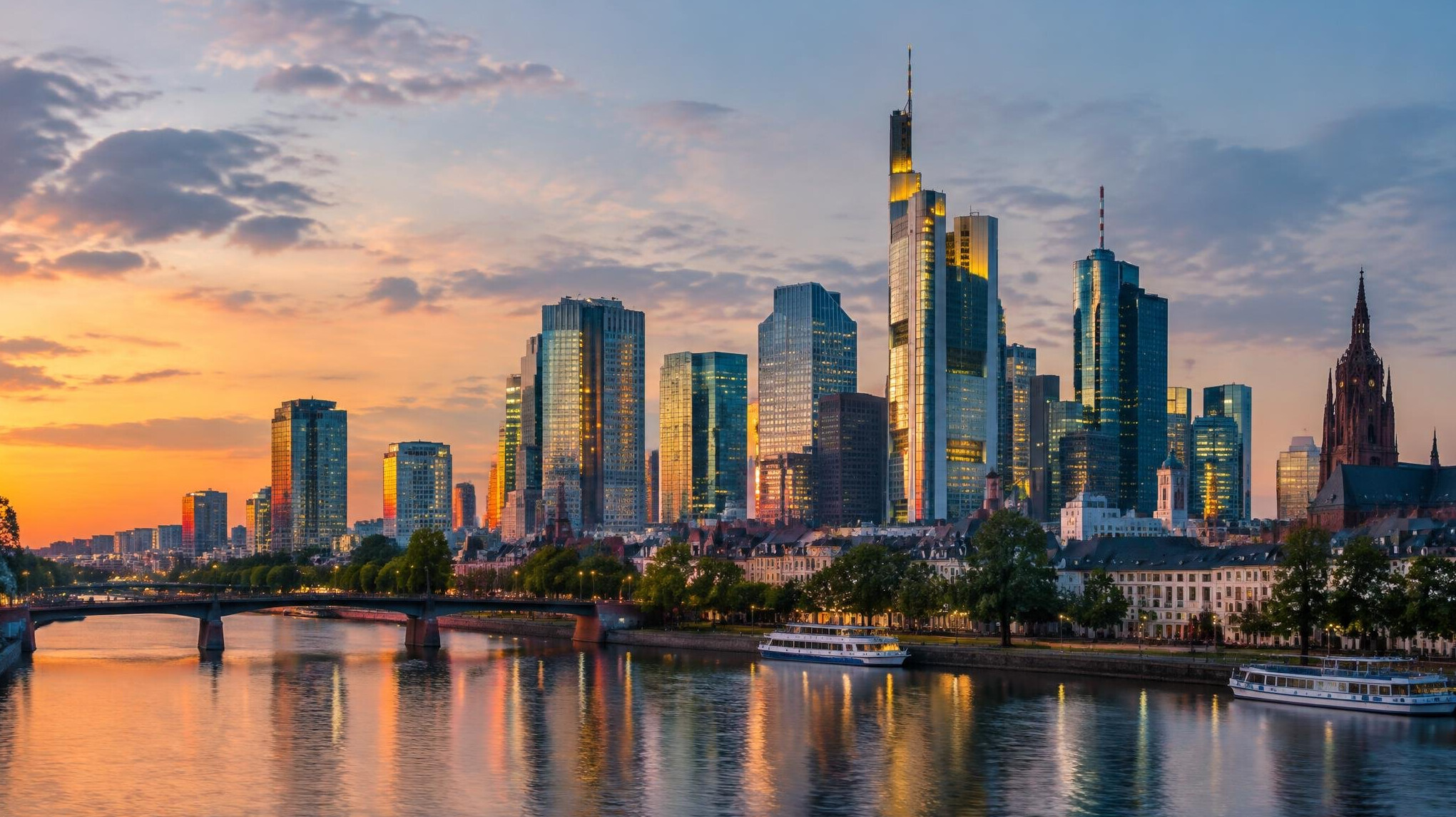 City skyline with modern office towers at dusk